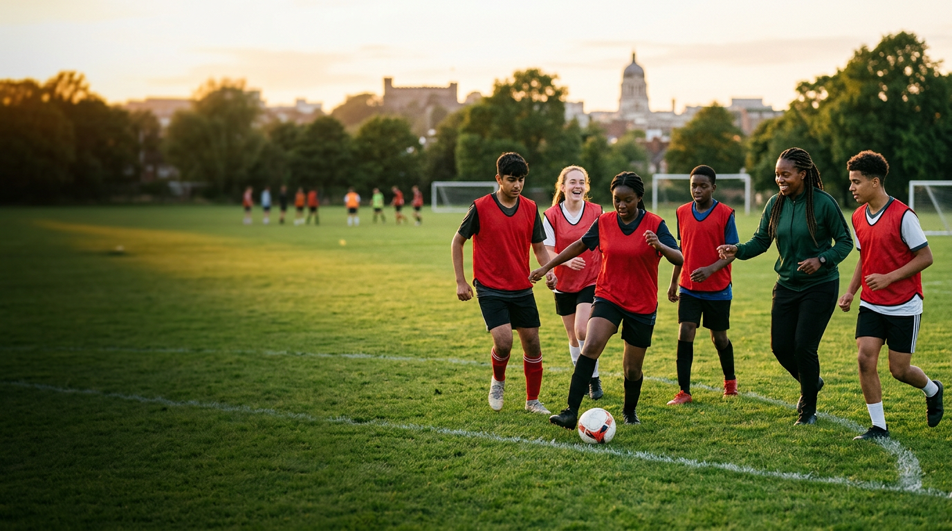 Young people and a coach playing football on a community pitch